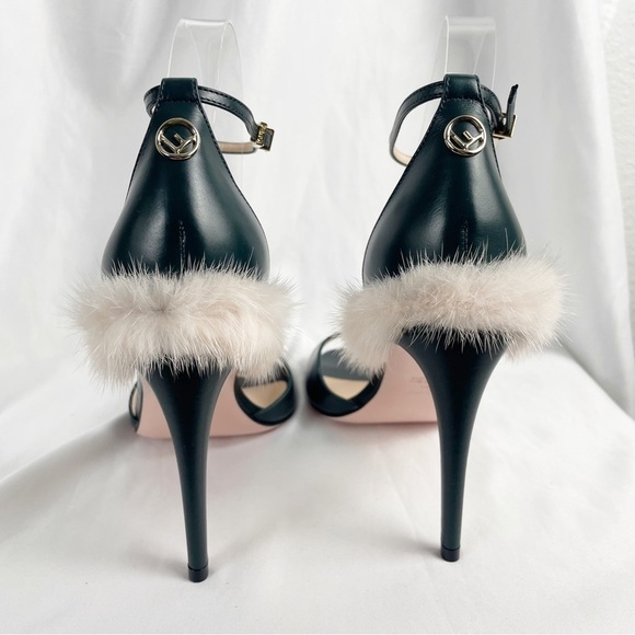 Fendi Mink Fur Trimmed Open Toe Leather Heels Green EU 39 - Picture 5 of 11